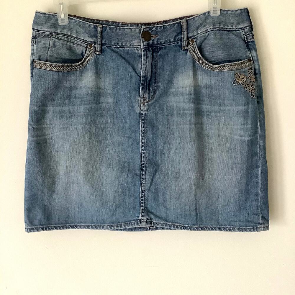 Eddie Bauer VTG Womens Embroidered Floral Whiskered Mini Jean Skirt Plus Sz 14